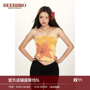 BeerBro 复古美式海岛辣妹aloha热带花朵印花紧身抹胸吊带背心女