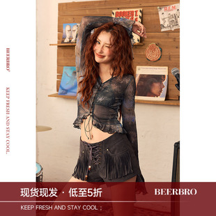 BeerBro『音乐节专场』辣妹网纱满印前幅交叉抽绳针织开衫女