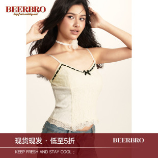 BeerBro 美式复古甜辣风针织拼接蕾丝弹力修身显瘦吊带背心上衣女