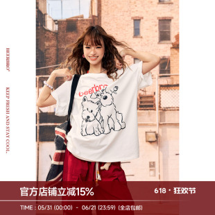 BeerBro『明星同款』oversize宽松遮肉休闲小狗印花大领短袖T恤