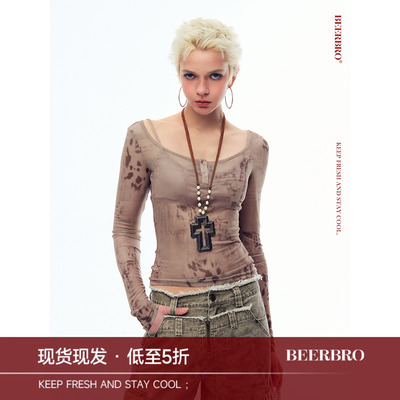 BeerBro『brat girl』 满印网纱 豹纹图案镂空一字肩长袖上衣