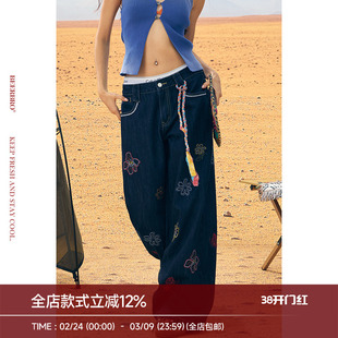 BeerBro『非洲大迁徙』夏日多彩花卉刺绣低腰直筒牛仔裤女夏季