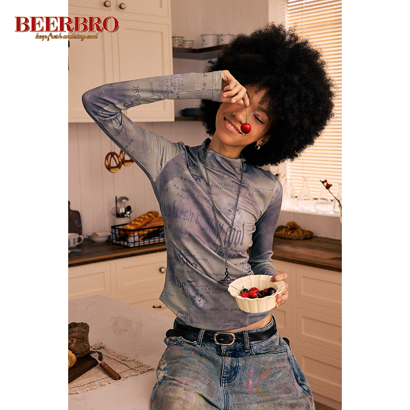 BeerBro 美式辣妹满印半高领针织打底衫女秋冬复古修身长袖T恤