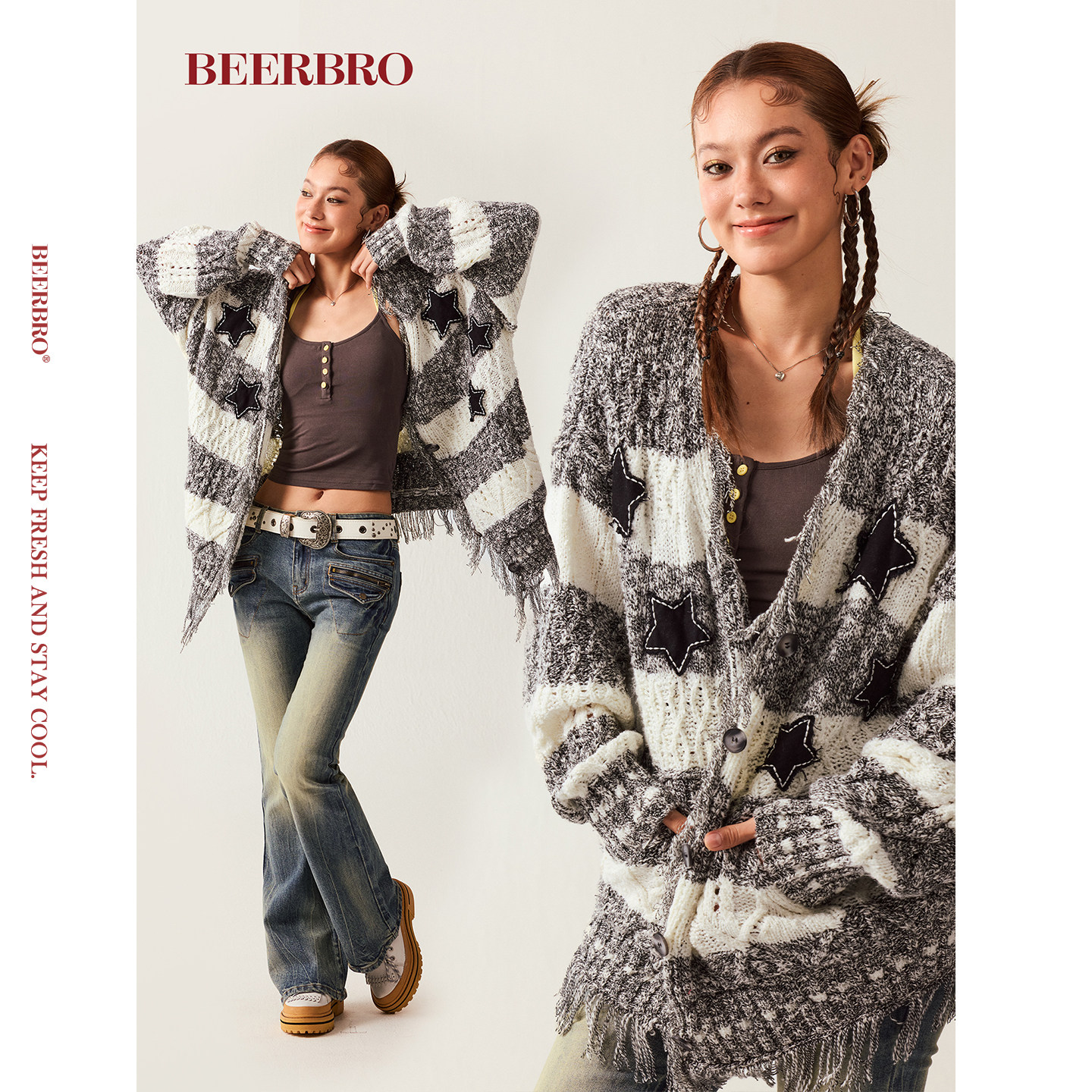 BeerBro『新启旅途』休闲贴布星星条纹流苏设计宽松毛衣大外套,女装/女士精品,毛衣,淘宝优惠券,粉丝福利购,淘宝优惠卷
