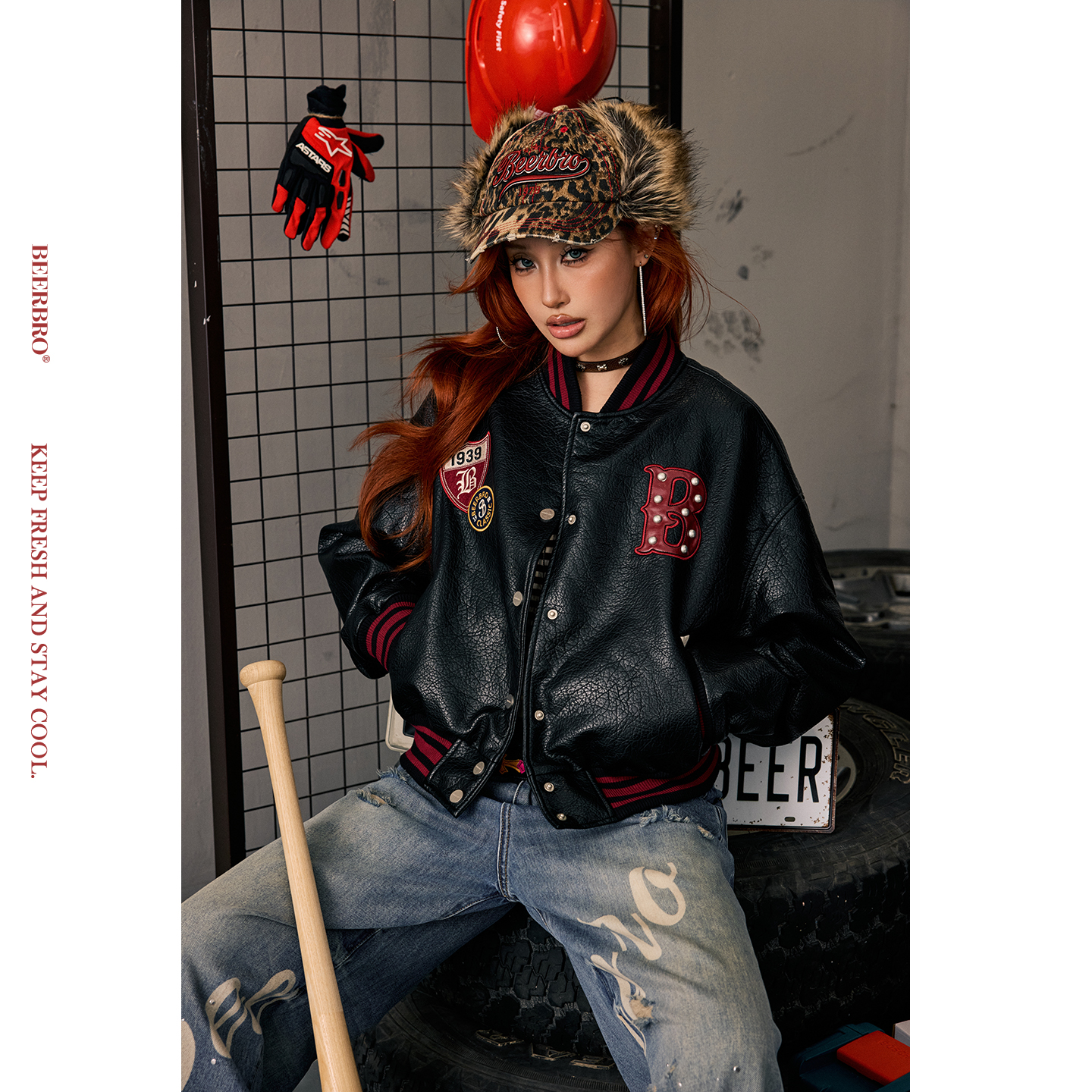 BeerBro『明星同款』街头感机车绣花宽松显瘦短款棒球夹克外套