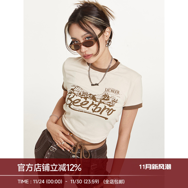 beerbro美式复古设计感绑带短袖
