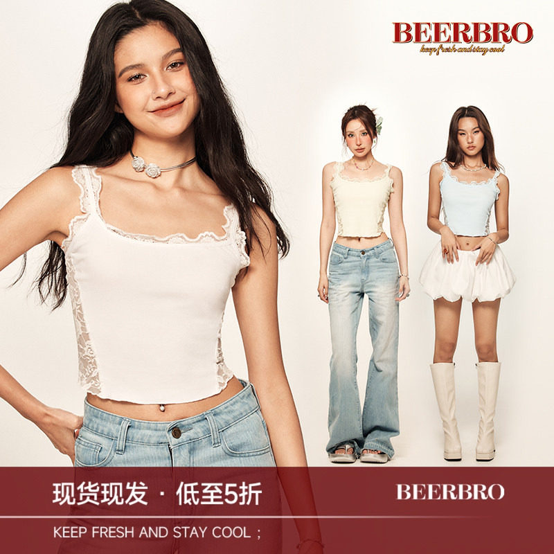 BeerBro 美式复古夏日清新蕾丝花边紧身显瘦弹力吊带背心上衣女