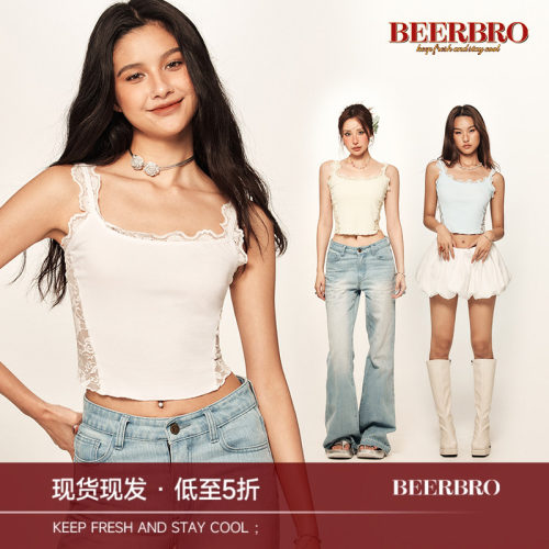 BeerBro 美式复古夏日清新蕾丝花边紧身显瘦弹力吊带背心上衣女
