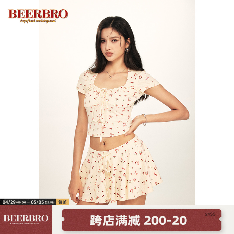 BeerBro 美式复古蝴蝶结樱桃碎花针织短袖T恤女松紧腰半身裙套装