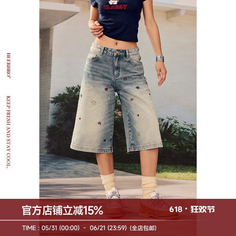 BeerBro『出逃西海岸』不挑腿型显腿长星星刺绣直筒牛仔中裤女夏