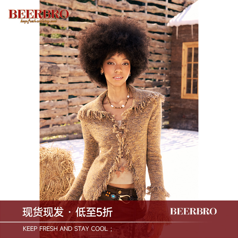 BeerBro 美式复古辣妹翻领毛须边花纱毛衣女秋冬修身显瘦针织外套