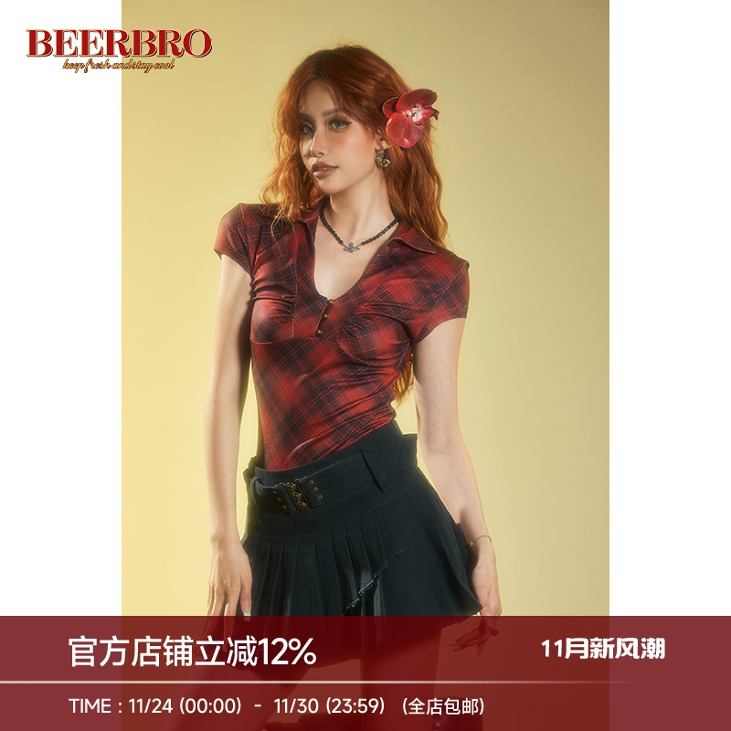 BeerBro 美式辣妹V领格子短袖针织衫牛奶丝面料紧身显瘦上衣新款