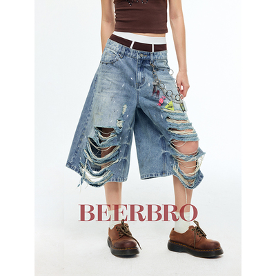 BeerBro『烂漫朋克』柔软舒适 摇滚宽松做旧泼墨破洞牛仔中裤