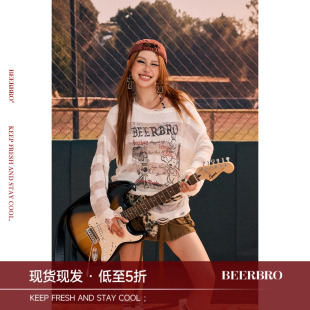 BeerBro 『明星同款』薄透混纱斜肩条纹小狗派对毛衣罩衫女