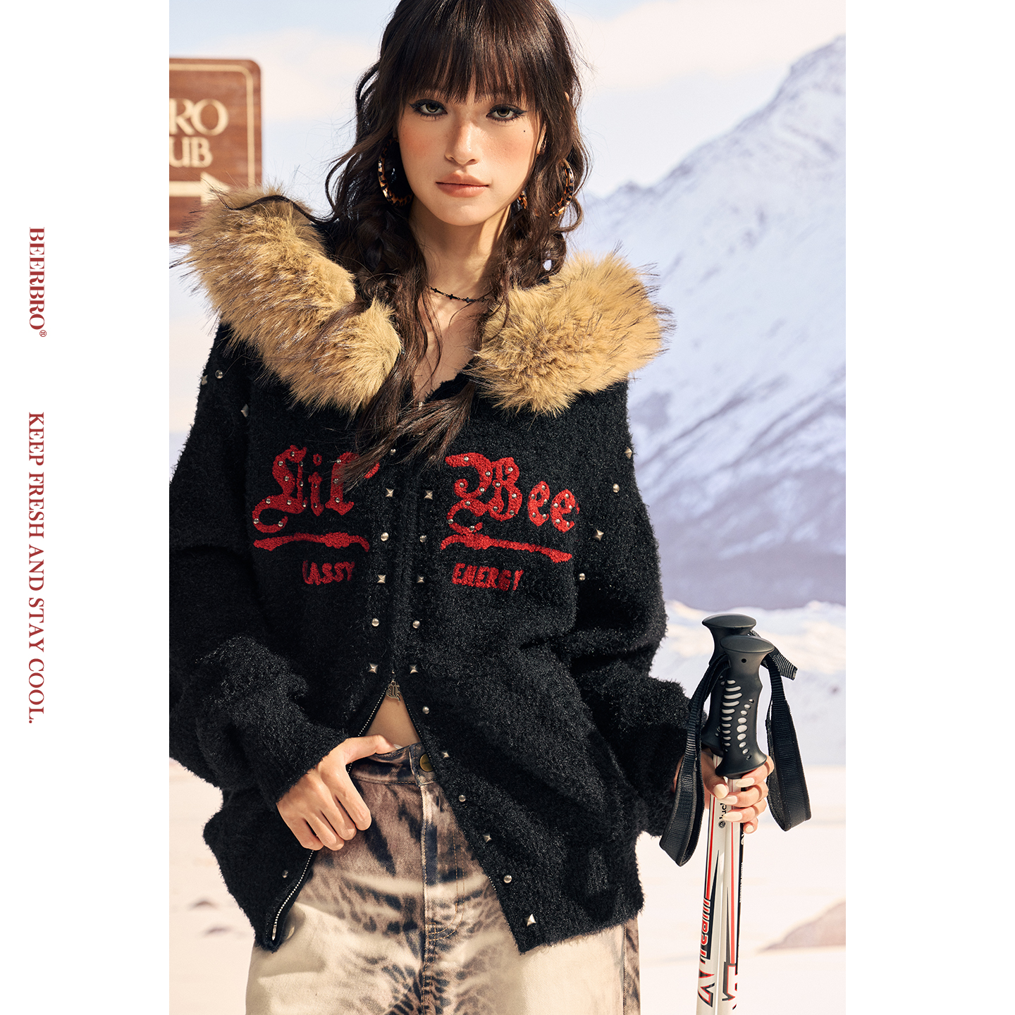 BeerBro『反叛竞技社』舒适棉软辣妹撞钉肌理感可拆卸毛衣外套