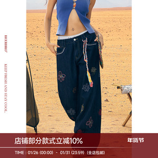 BeerBro『非洲大迁徙』夏日多彩花卉刺绣低腰直筒牛仔裤女夏季