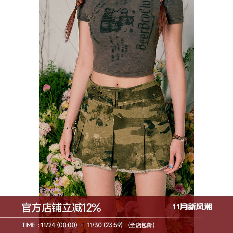 BeerBro 美式户外绣花工字背心外穿夏季工装辣妹迷彩百褶短裙套装