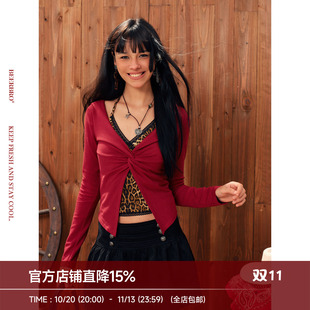 BeerBro『潮流运动』辣妹豹纹扭结挂脖背心两件套针织衫上衣女