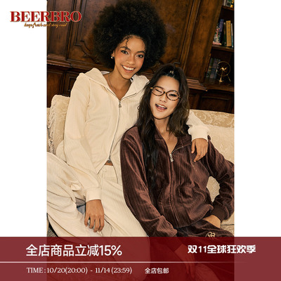 BeerBro 美式休闲慵懒感灯芯绒短款连帽外套阔腿休闲长裤套装女