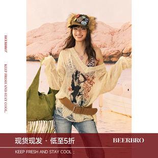 BeerBro『风帆运动社』绵羊毛慵懒感解构织法印花大V领薄透毛衣
