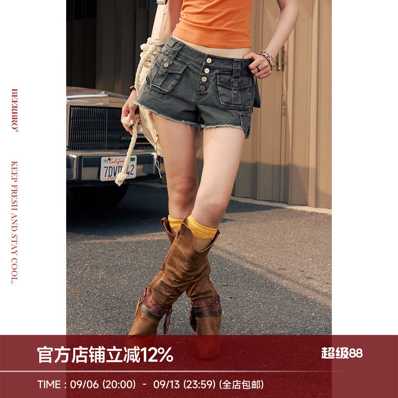 BeerBro『松弛街头』100%全棉洗水复古毛边辣妹工装短裤休闲裤女图片
