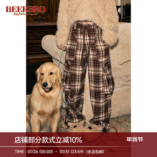 BeerBro 美式复古街头小香风毛呢格子工装裤女秋冬直筒阔腿长裤