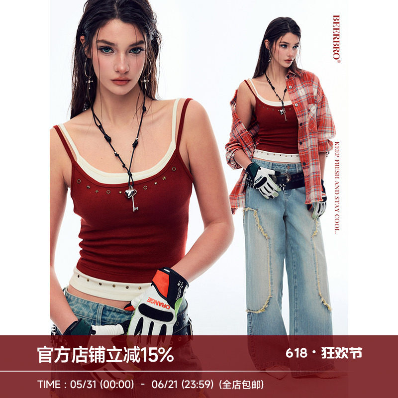 BeerBro『brat girl』『天丝羊毛』辣妹烫片撞色假两件吊带背心