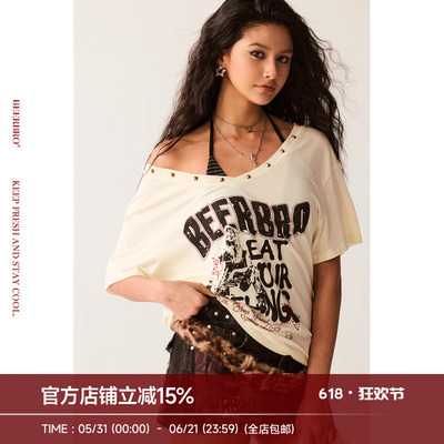 BeerBro『复古声浪』微弹亲肤两件套条纹比基尼辣妹V领短袖T恤女