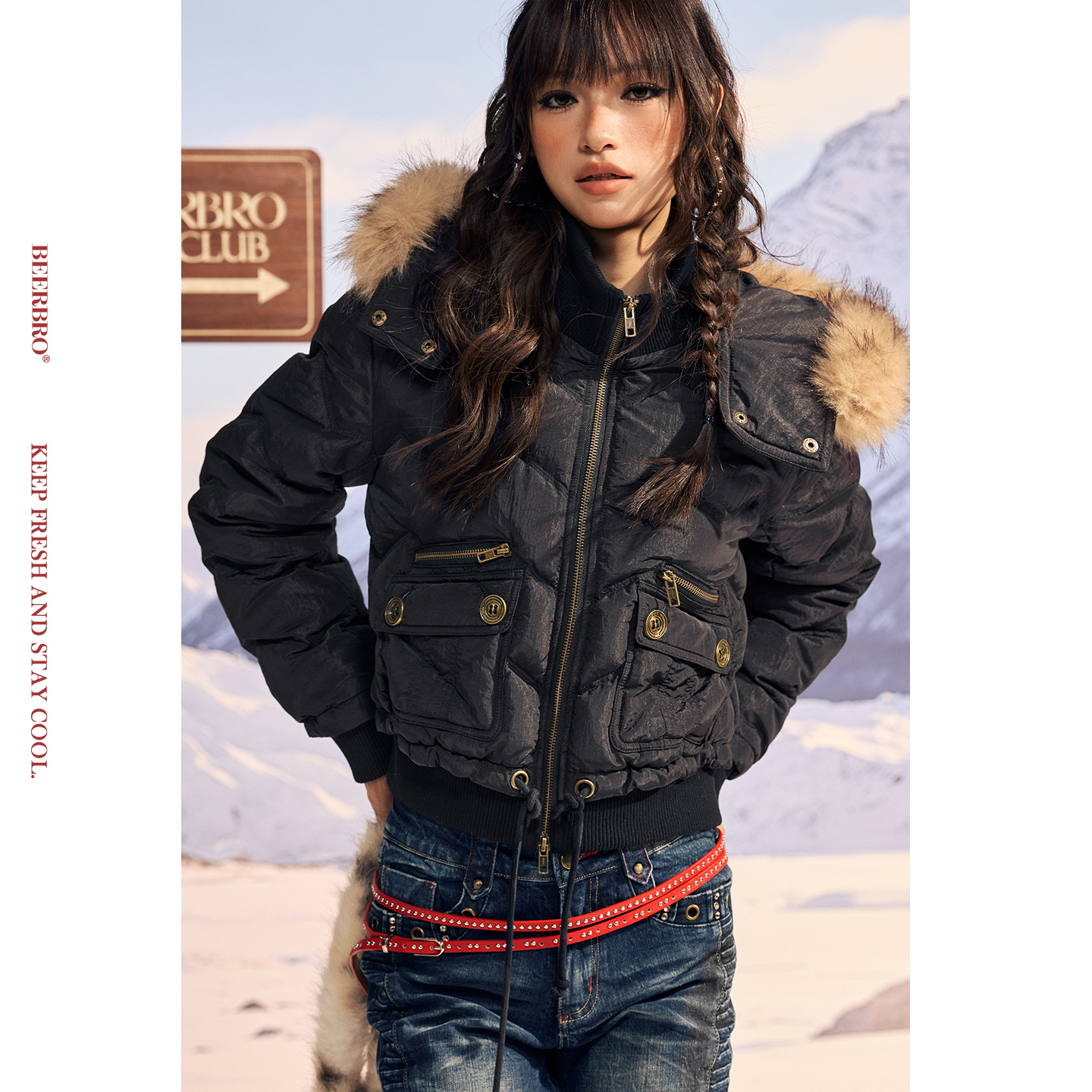 BeerBro『反叛竞技社』尼龙微光90白鸭绒貉子毛羽绒服外套女秋冬