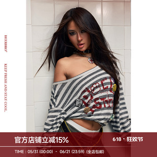 BeerBro 『摇滚学院』舒适斜肩罩衫宽松显瘦短款条纹长袖T恤女