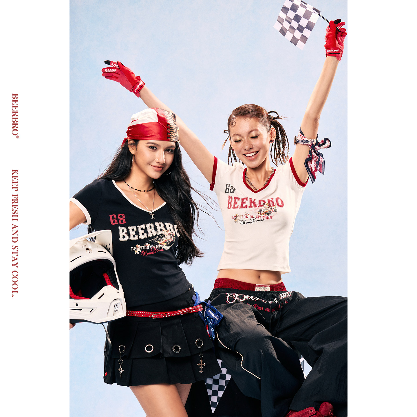 BeerBro『竞速脉冲』弹力针织料运动辣妹撞色弹力修身短袖T恤女图片