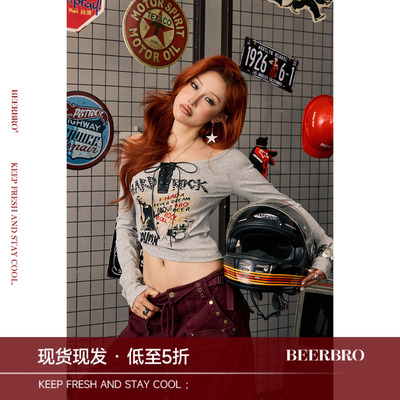 BeerBro『极速西部』柔软弹力大U领朋克辣妹印花短款长袖T恤女