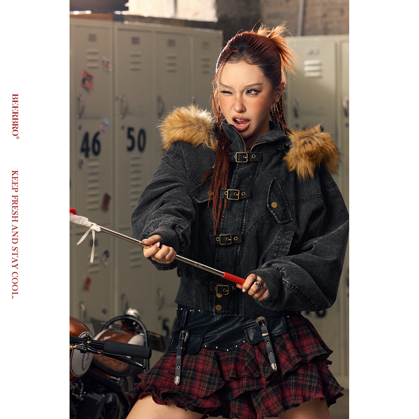 BeerBro『CITY MOTO』全棉1200g夹棉秋冬洗水格子暗纹棉服外套