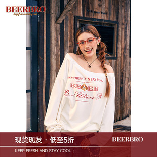 BeerBro美式宽松小狗英文logo印花长袖T恤女休闲辣妹长袖打底上衣