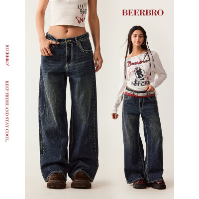 BeerBro『新启旅途』后幅翅膀印花烫钉宽松显瘦直筒牛仔裤女