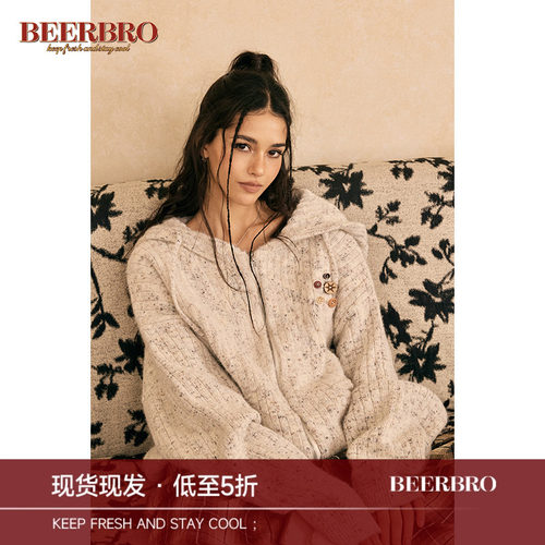 BeerBro 美式复古羊毛花纱连帽毛衣女秋冬宽松加厚开衫卫衣外套