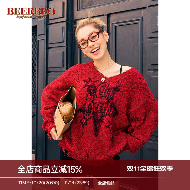 BeerBro 美式街头涂鸦印花v领毛衣女破损毛须设计肌理感宽松上衣
