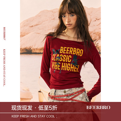 BeerBro『风帆运动社』天丝莱赛尔斜肩一字肩紧身短款长袖t恤女