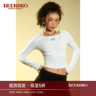 简约基础百搭收腰显瘦打底衫 中长款 T恤春季 BeerBro小竖条绣花长袖