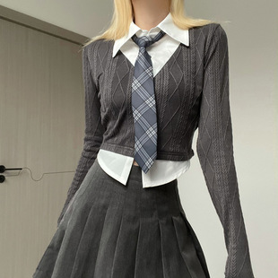 pullover piece long sleeve 领针织上衣 Fake top假两件衬衫 two