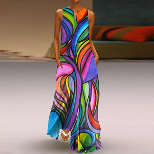 2023 Women's new printed neck dress Ladies clothes plus szie