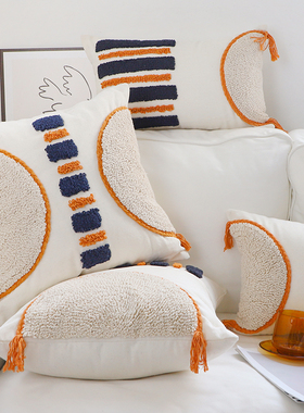 印度蓝橙色半月簇绒流苏抱枕重工撞色客厅沙发靠垫民宿床上靠枕