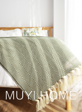 经典美式复古绿人字纹编织毯酒店民宿床尾巾床尾毯沙发毯床盖毯子