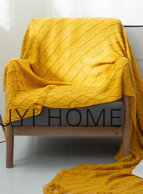 北欧复古菱格毛线毯子黄色针织毯床尾毯床搭沙发毯搭巾床尾巾盖毯