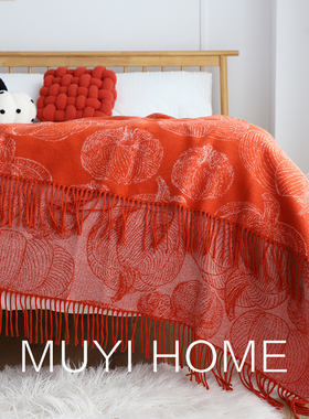 万圣节道具南瓜流苏毯节日装饰毯红色毛毯沙发毯子床尾盖毯搭毯