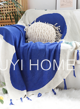 北欧纯棉蓝色休闲毯时尚针织毯万能沙发毯办公室午休毯子盖毯披肩