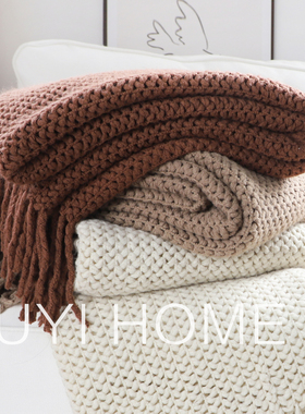 慵懒美式镂空针织休闲毯民宿沙发毯床尾毯搭巾装饰毯流苏毯毛线毯