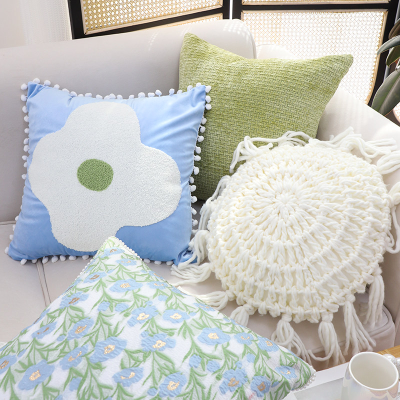 ins蓝绿小花抱枕客厅沙发靠垫靠枕卧室床上抱枕套不含芯方枕
