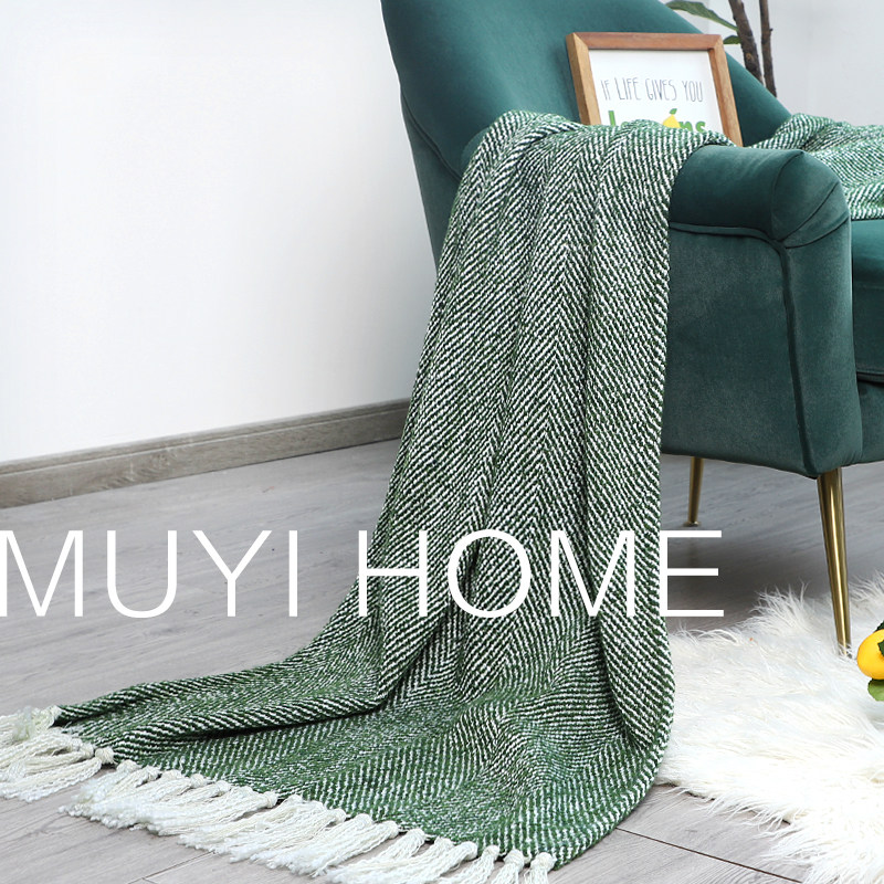 美式綠色床尾巾樣板間裝飾毯羊毛