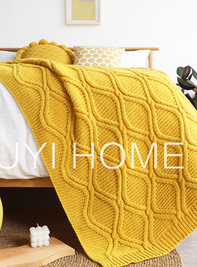 INS北欧风软绵绵黄色针织盖毯民宿酒店床上搭毯沙发毯披肩休闲毯